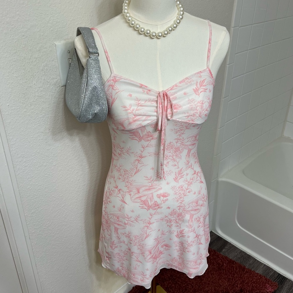 Pink white French toile pattern bodycon tank dress Victorian cottage European